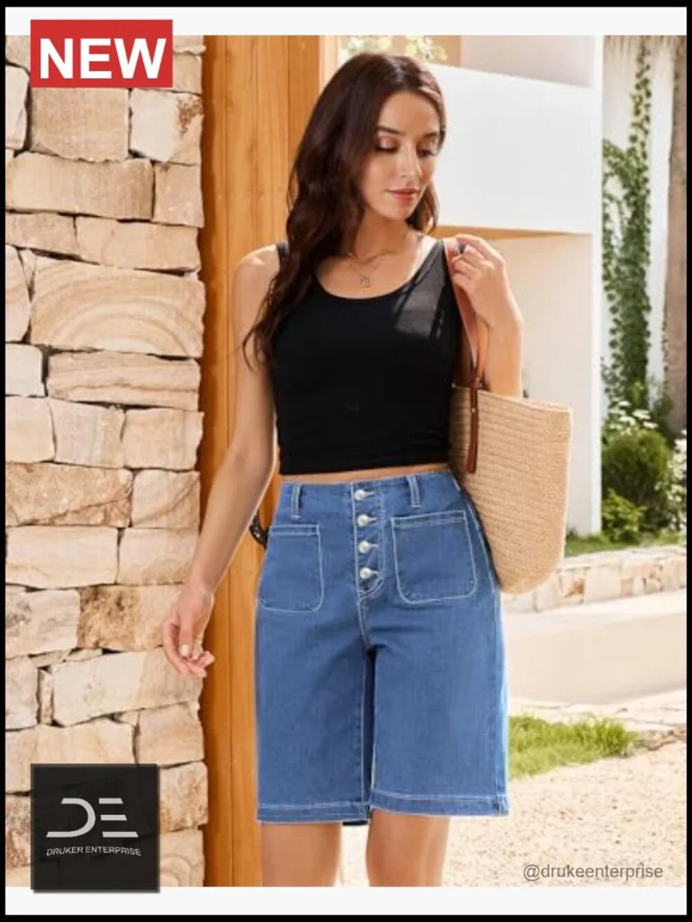High Waisted Button Fly Bermuda Shorts with Pockets - Women's Stretch Denim